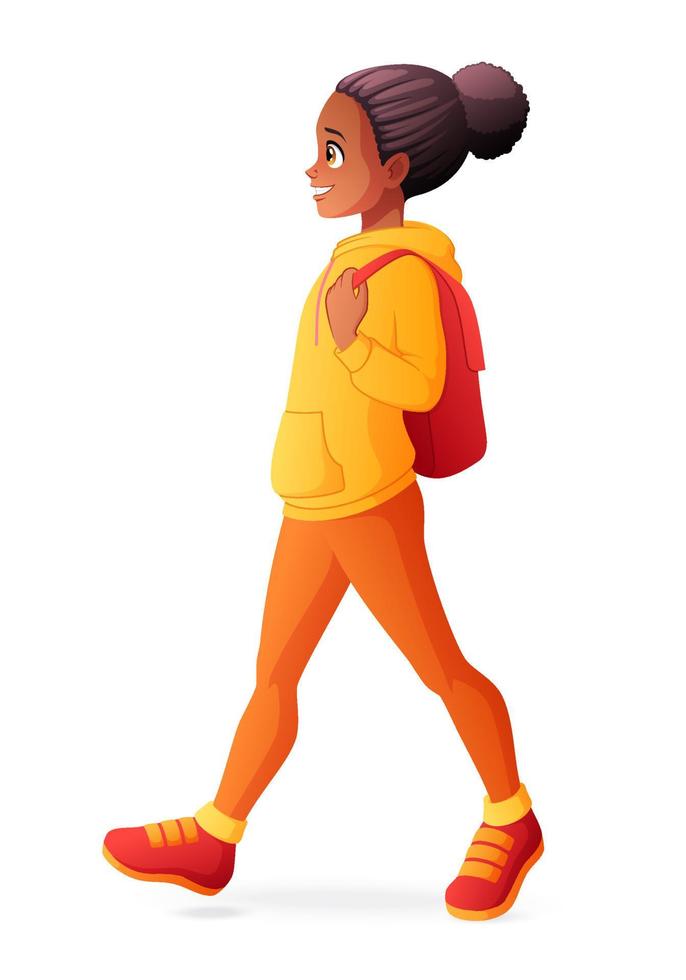 African American school girl walking vector illustration