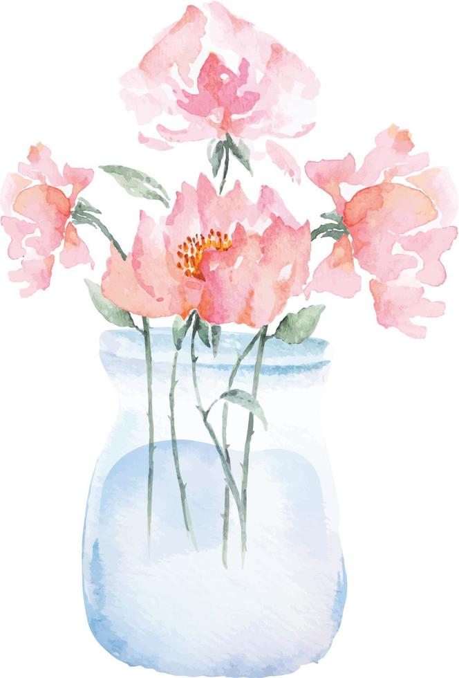 ramo de rosas en florero de vidrio pintado con acuarela 1 vector