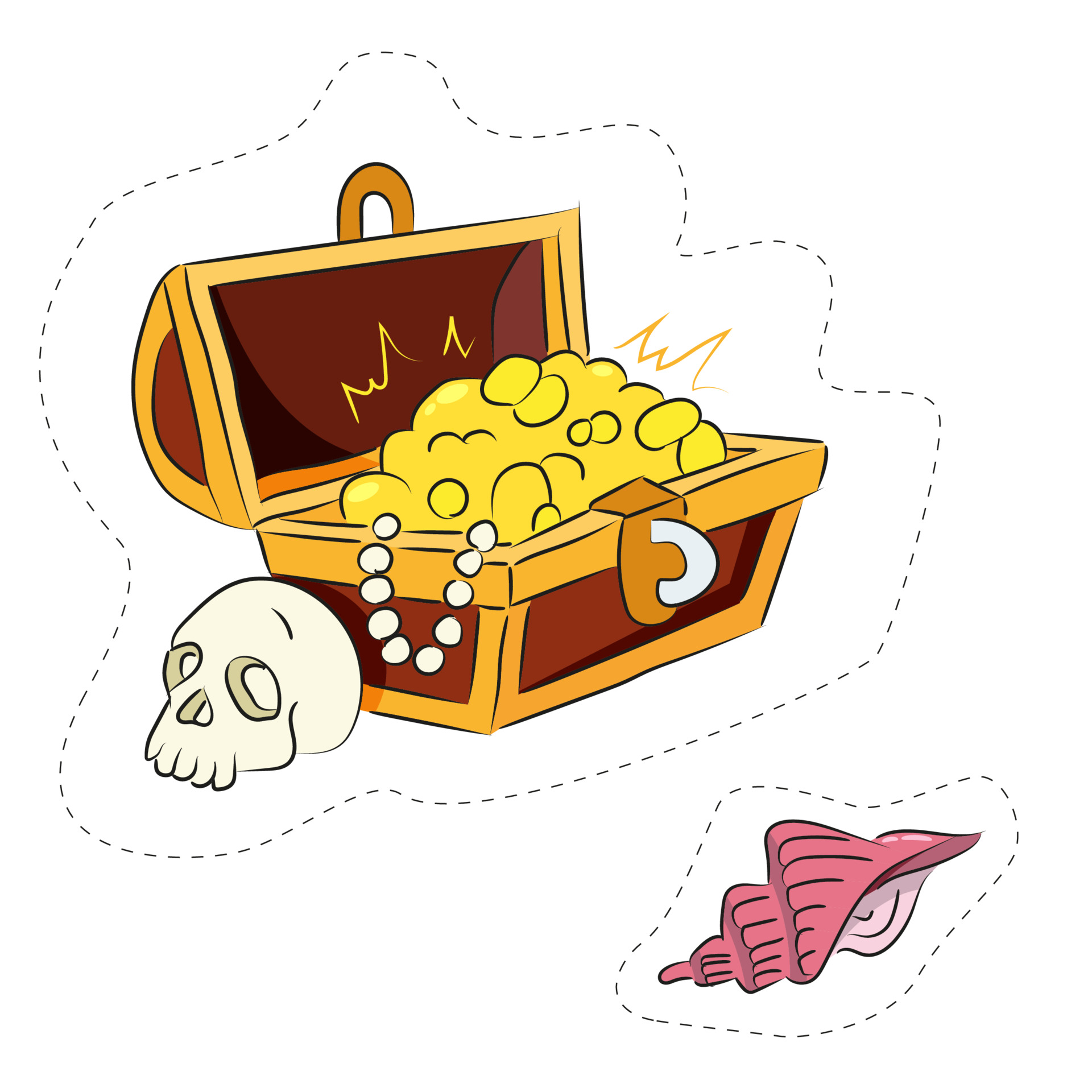 These are colored stickers of a treasure chest and a seashell 3489720  Vector Art at Vecteezy