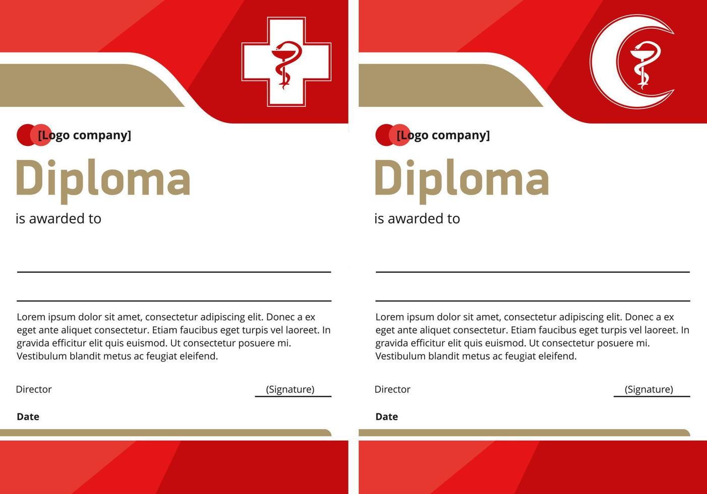 Diploma templates with a red cross and a crescent vector