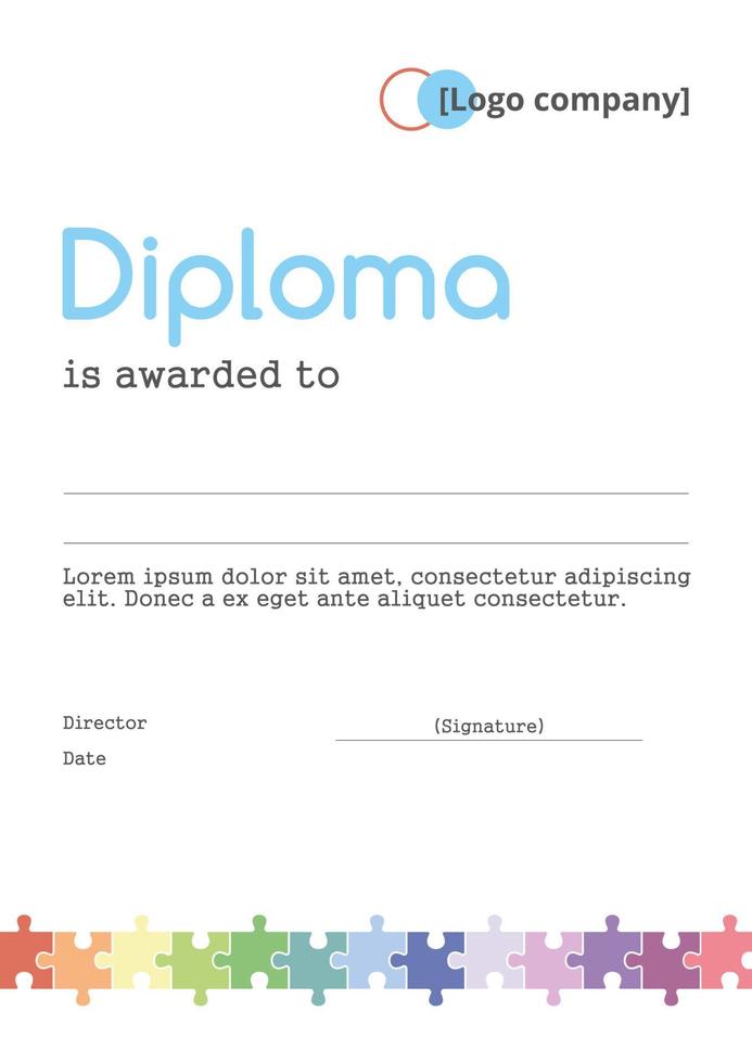 Abstract diploma with rainbow puzzles. Modern minimalistic diploma vector