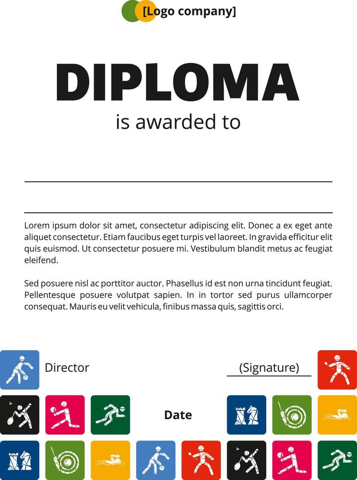 plantilla de diploma con cuadrados multicolores e iconos deportivos vector