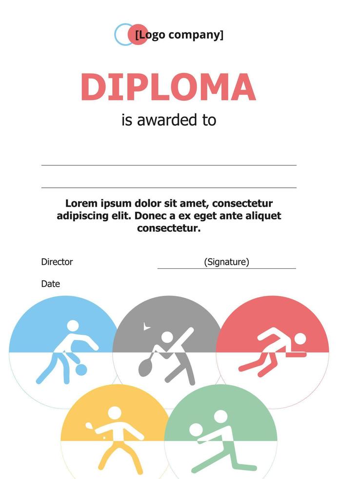 Diploma with olympic rings, sports badges vector