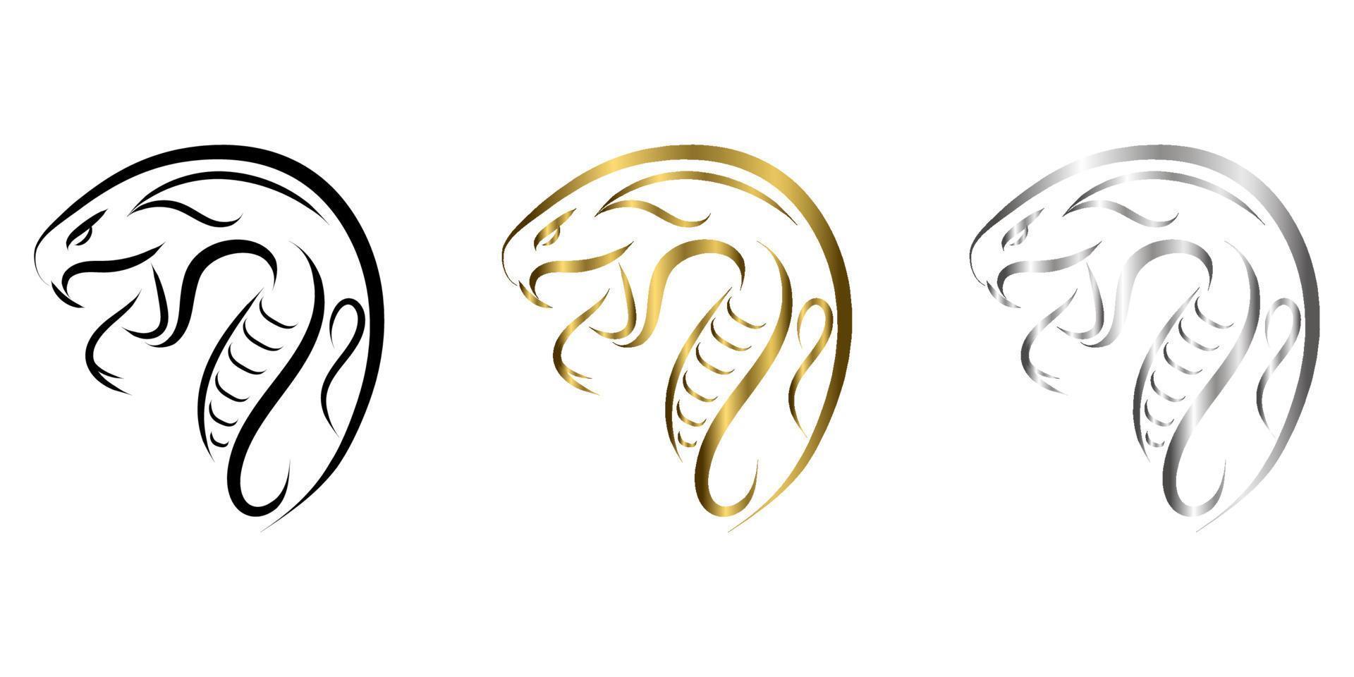 three color black gold and silver line art of snake head. vector