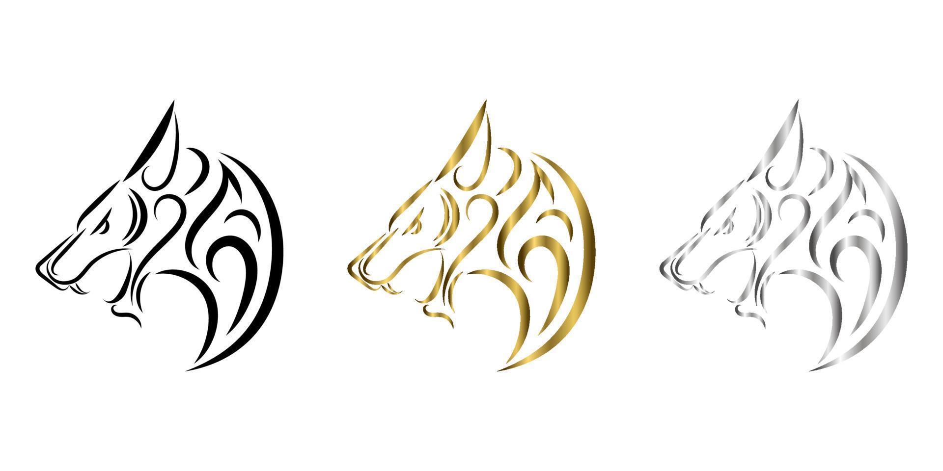 three color black gold silver line art of wolf head. vector