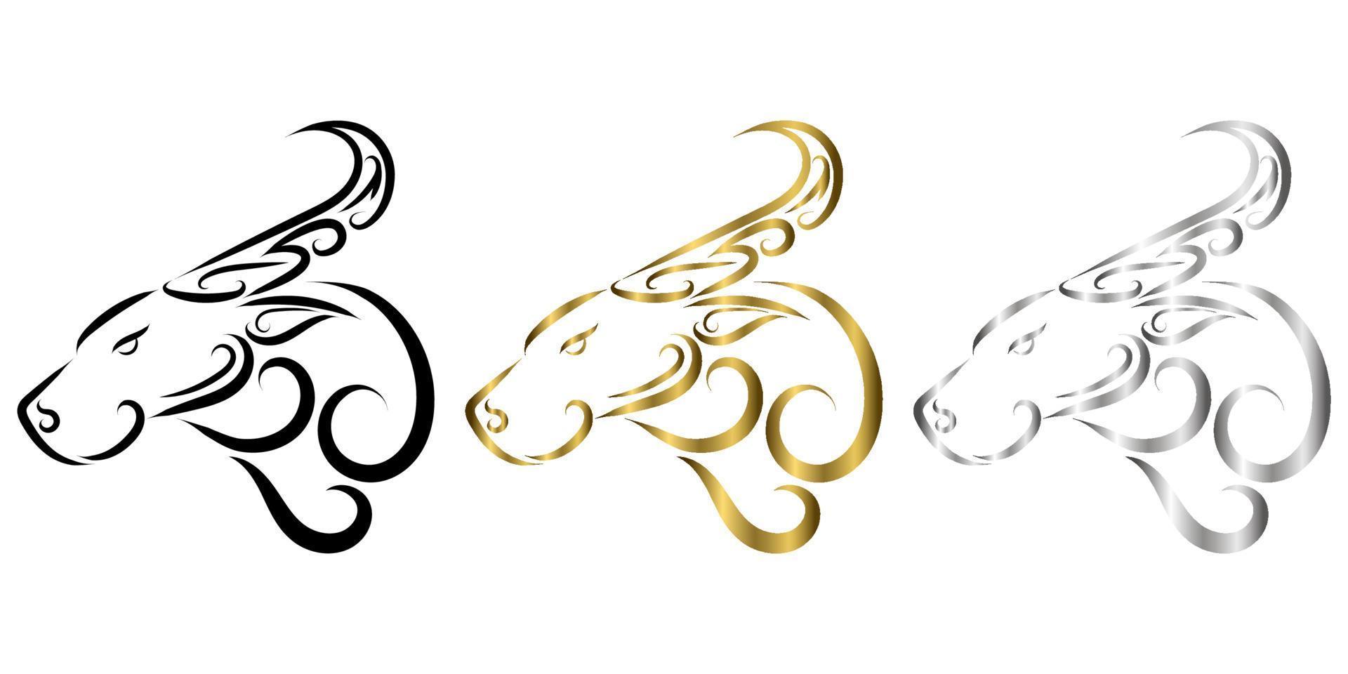arte lineal de tres colores en oro negro y plata de cabeza de búfalo. Buen uso de símbolo, mascota, icono, avatar, tatuaje, diseño de camiseta, logotipo o cualquier diseño. vector