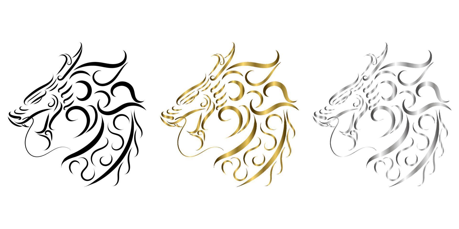 three color black gold and silver  line art of dragon head. vector