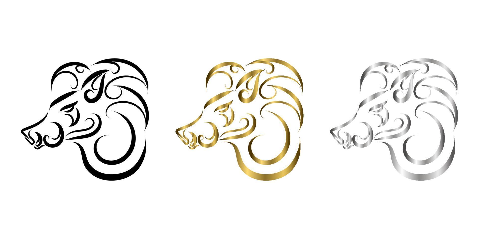 three color black gold and silver line art of boar head. vector