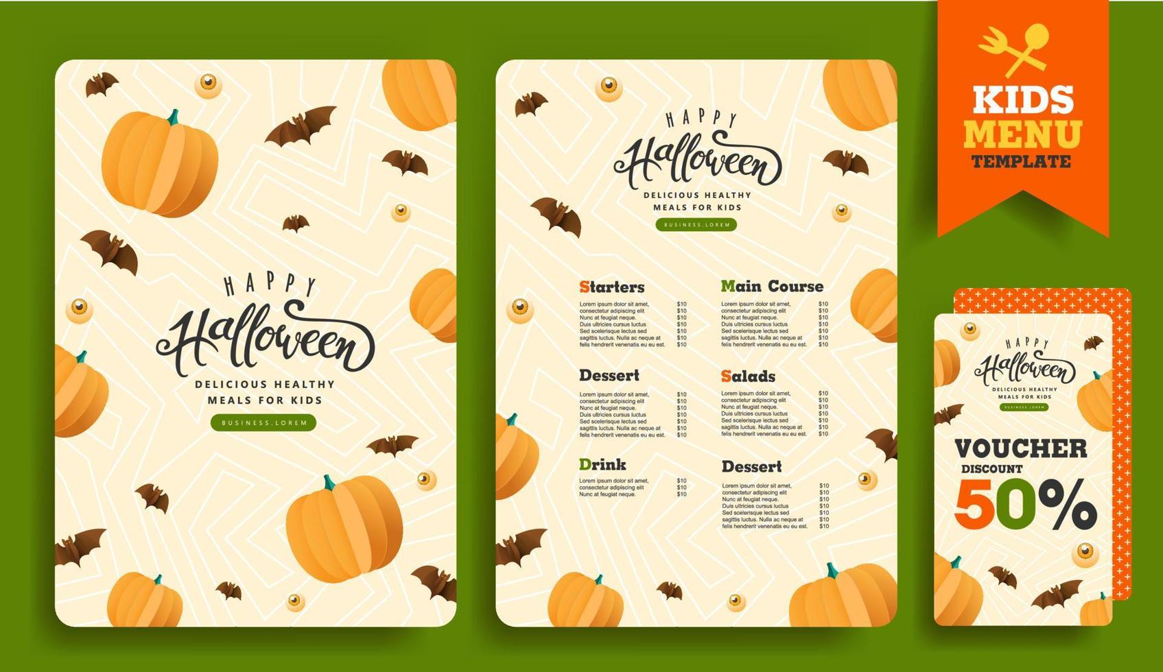 Halloween kids menu template with Cute cartoon halloween characters vector
