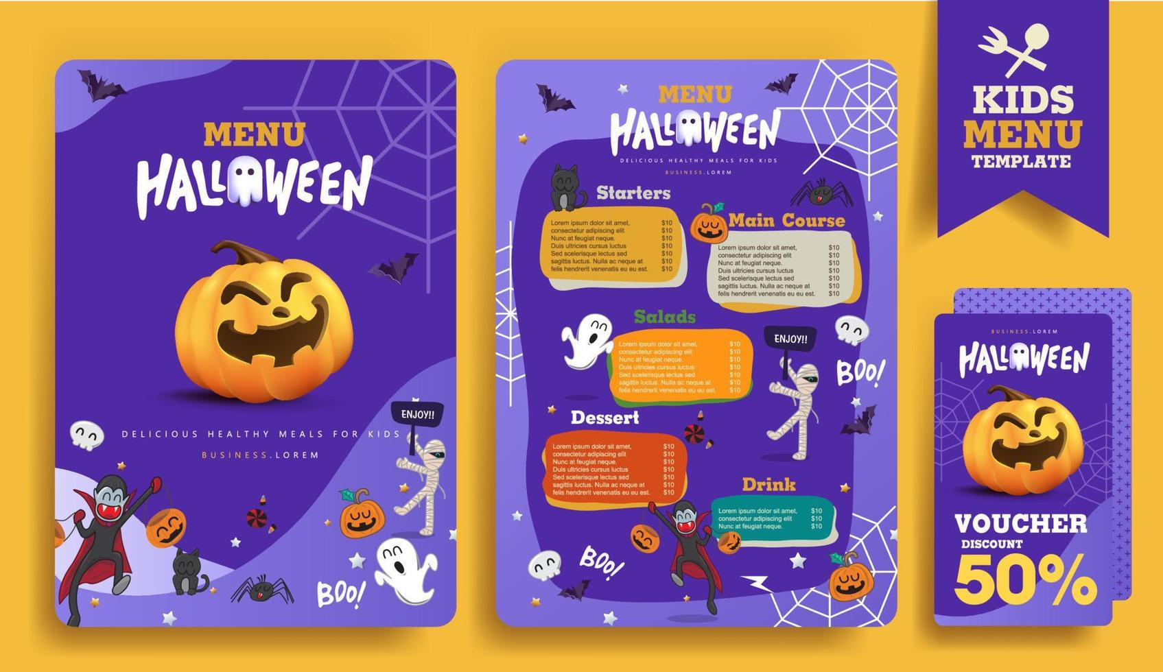 plantilla de menú infantil de halloween con personajes de halloween de dibujos animados vector