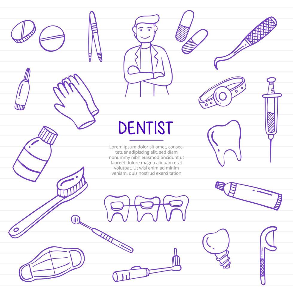 dentista trabajo o trabajos profesión doodle dibujado a mano vector