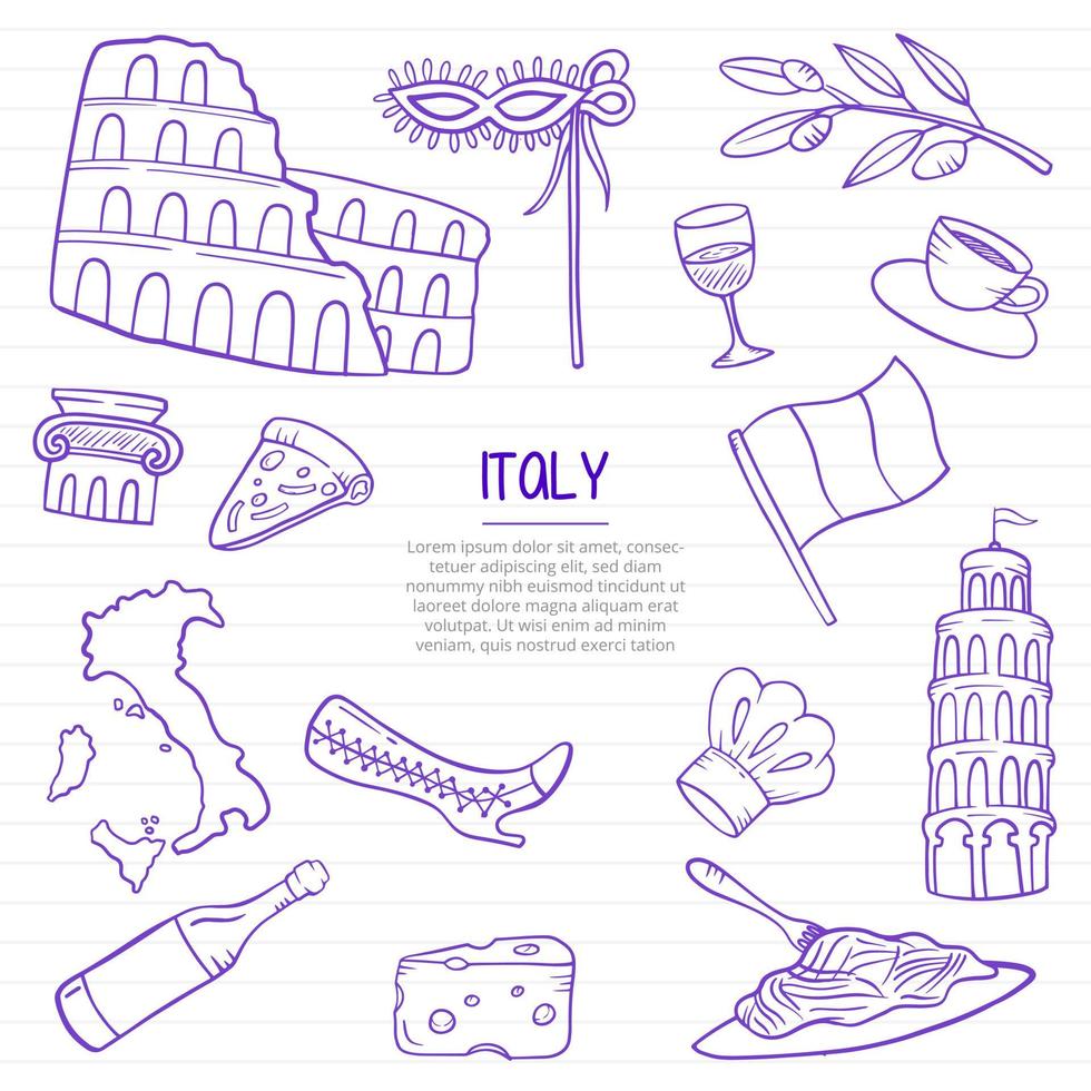 Italia nación o país doodle dibujado a mano con estilo de contorno vector