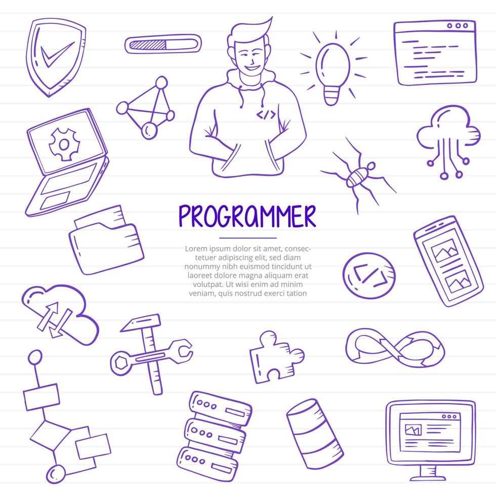 programador trabajo o trabajos profesión doodle dibujado a mano vector