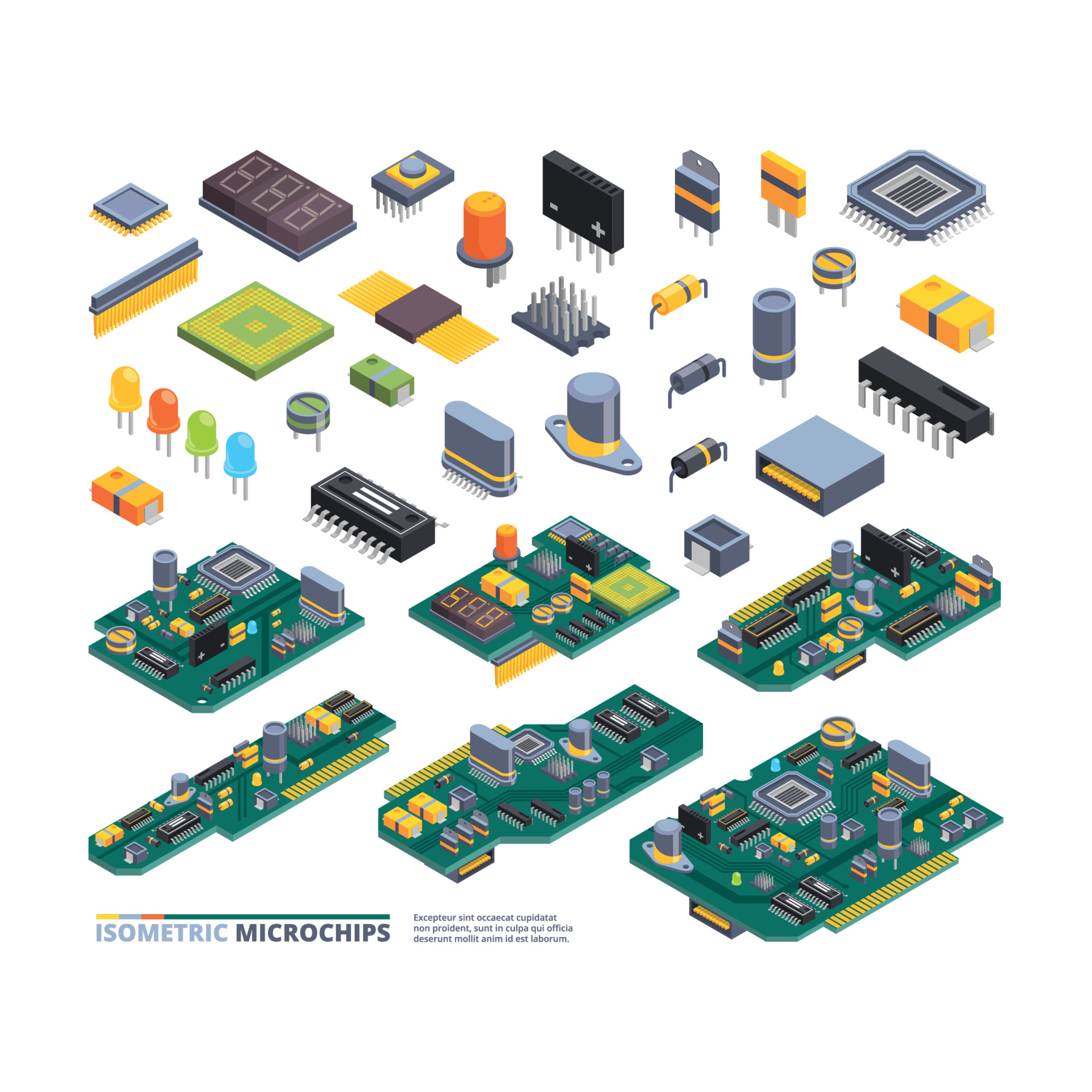 Electrical boards isometric hardware items computer power diodes ...