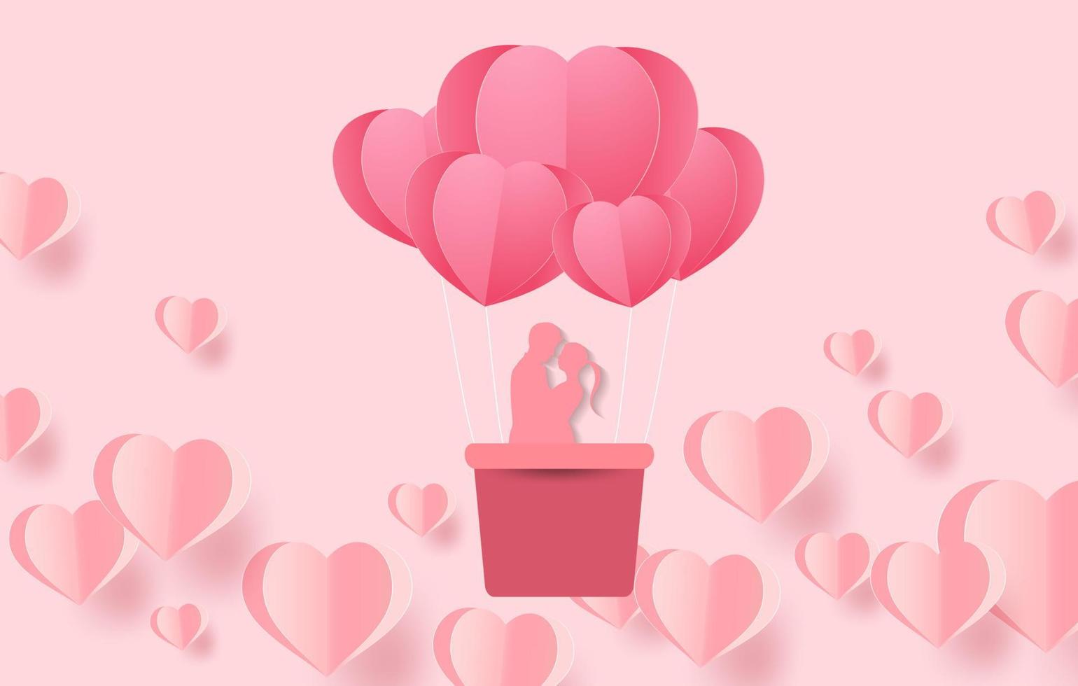 Origami made hot air balloon in a heart shape. paper art style. valentine day vector