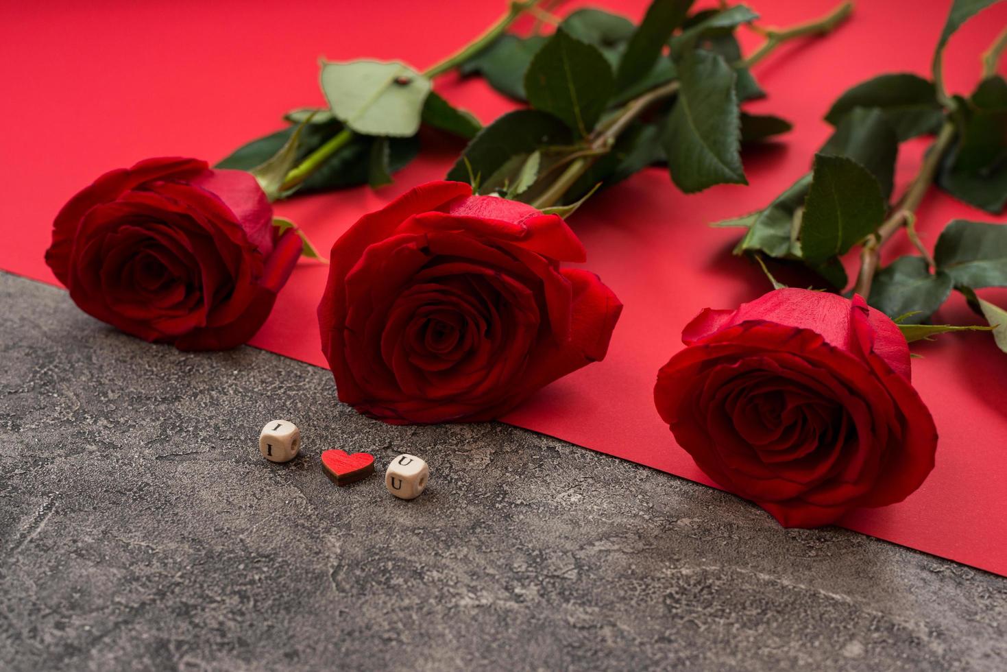 On a gray-red background there are red roses and cubes with letters laid out, the phrase I love you photo