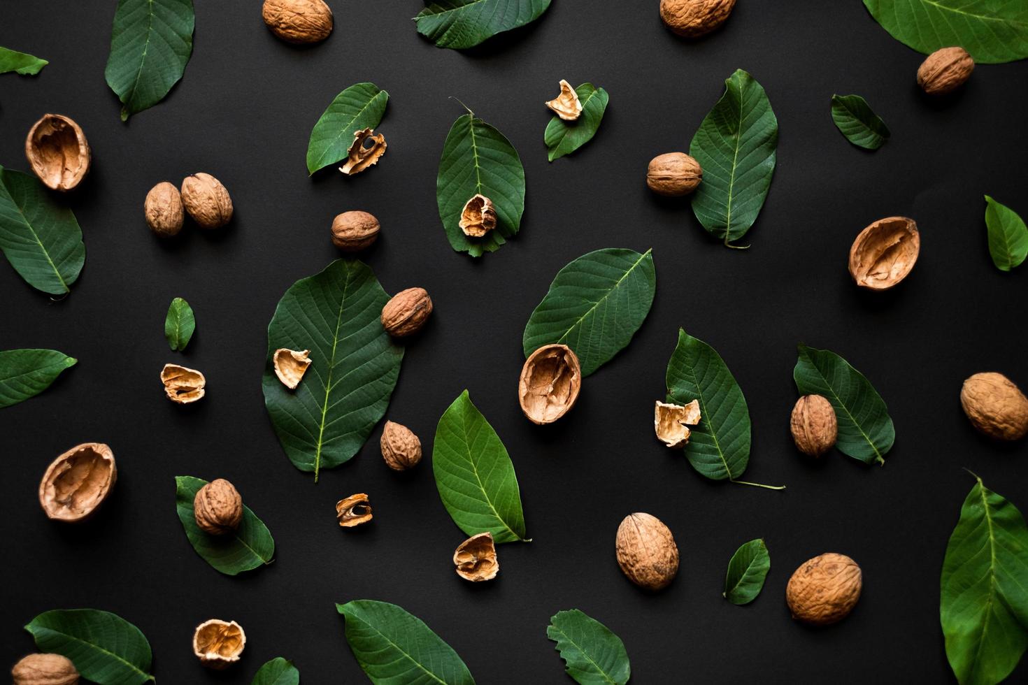 cáscara de nuez y hojas verdes frescas esparcidas sobre un fondo negro. foto