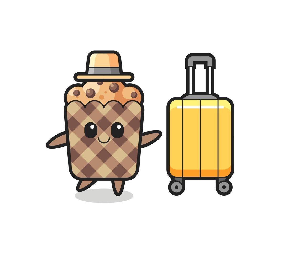 muffin cartoon illustration with luggage on vacation vector