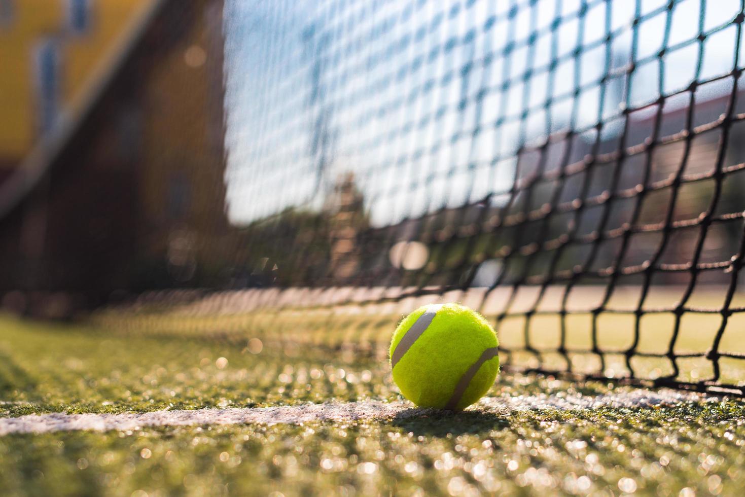 Closeup tennis ball lying on white line on hard court next the netting photo