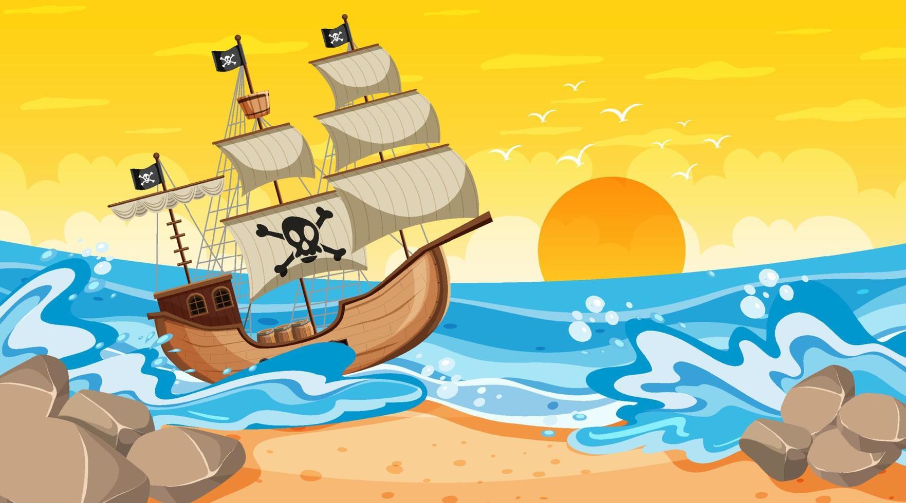 Beach scene at sunset time with Pirate ship in cartoon style vector