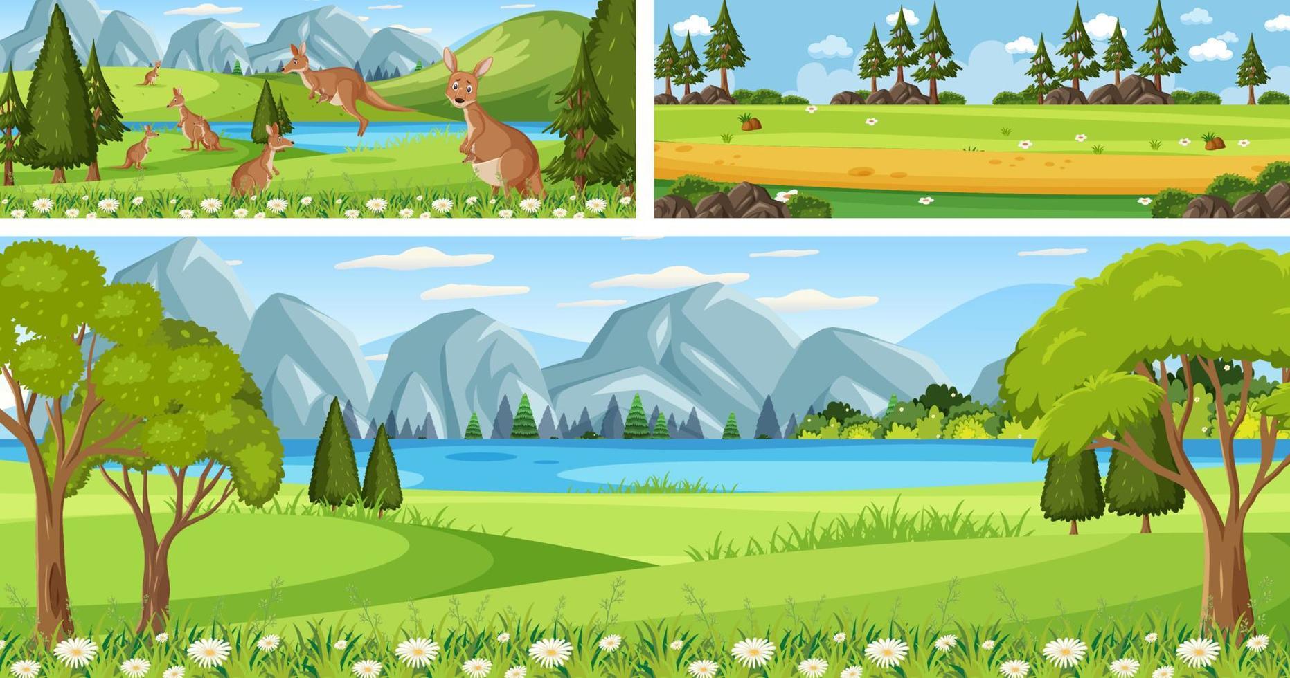 conjunto de diferentes escenas de paisajes panorámicos al aire libre con personaje de dibujos animados vector