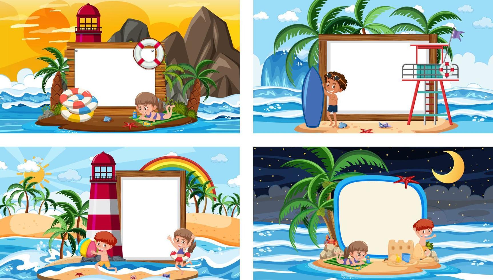 Set of different tropical beach scenes with blank banner vector