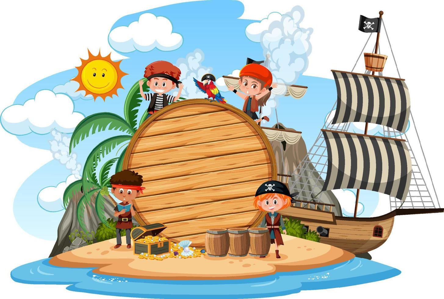 Muchos niños piratas en la isla con plantilla de banner en blanco aislado vector