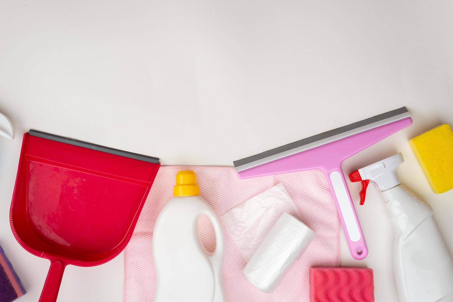 household accessories neatly laid out on the table. Top view. Copy space photo