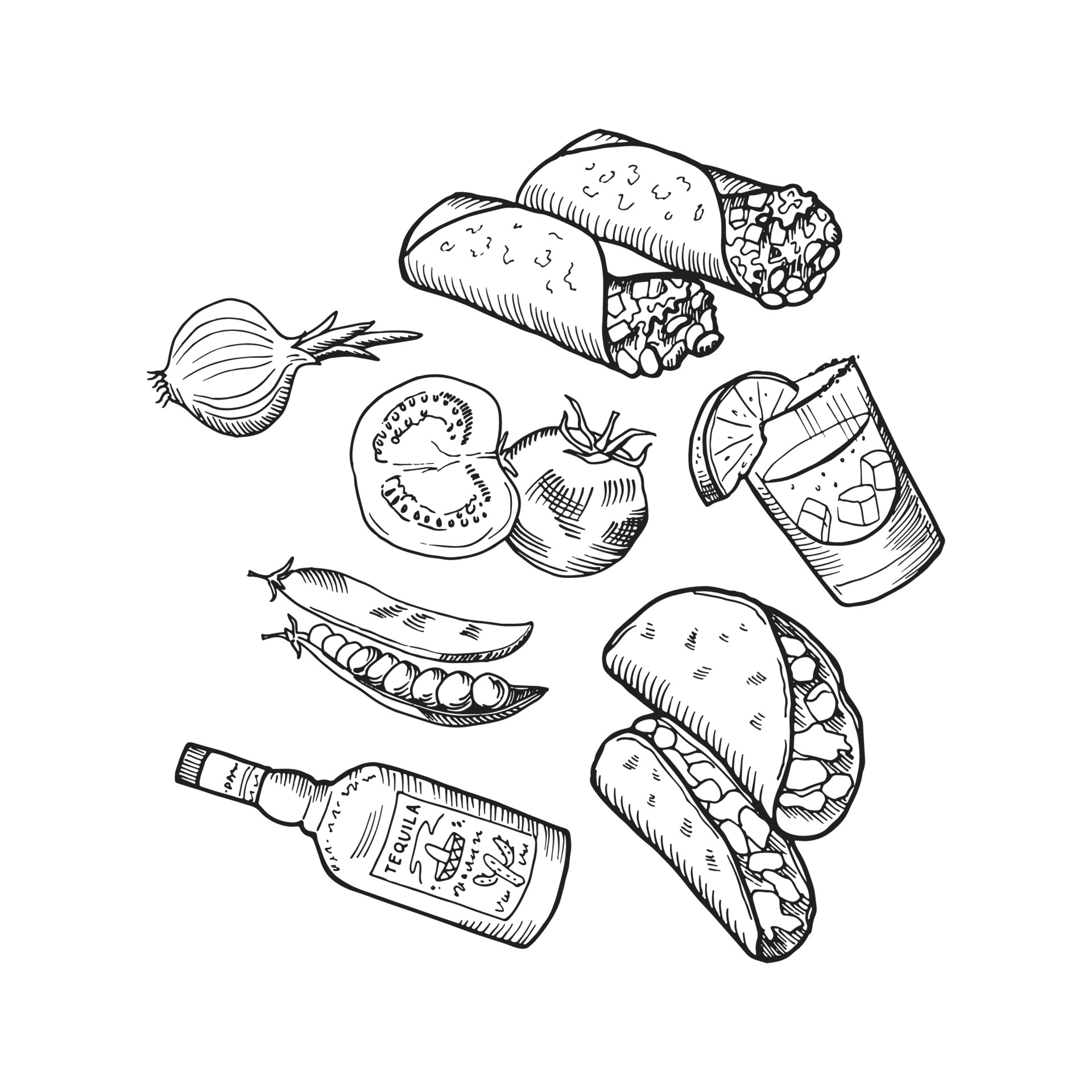 Sketched mexican food elements restaurant shop cafe illustration ...