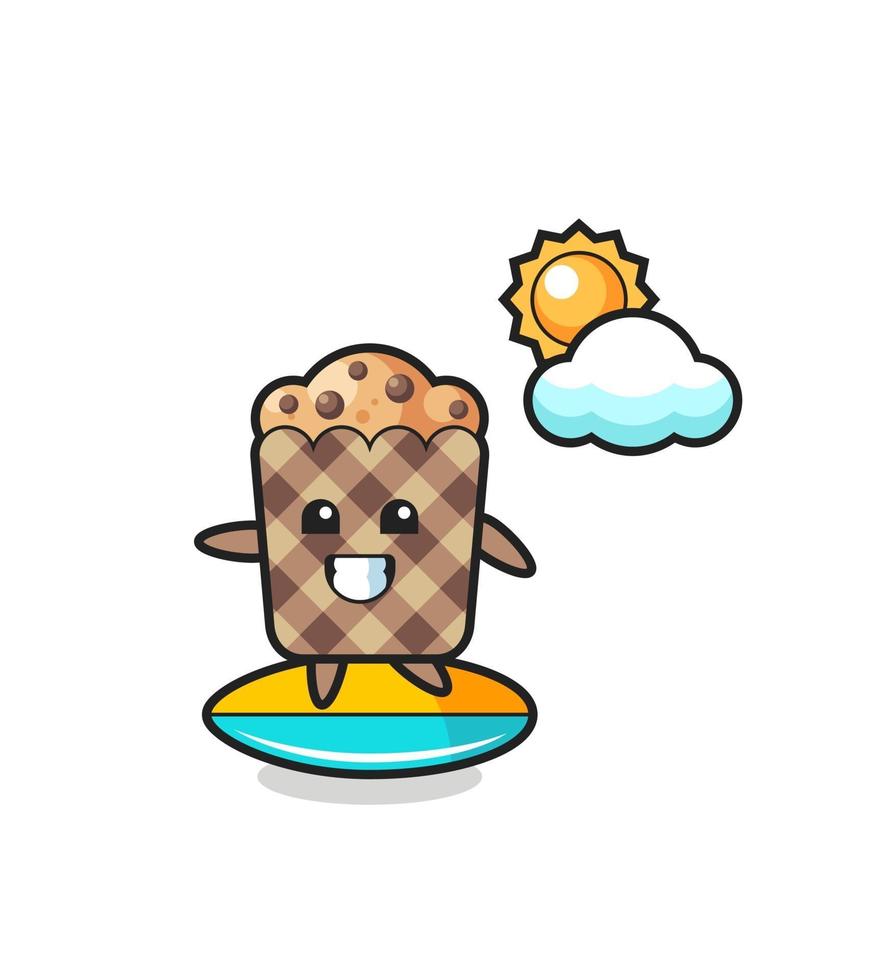 Illustration of muffin cartoon do surfing on the beach vector