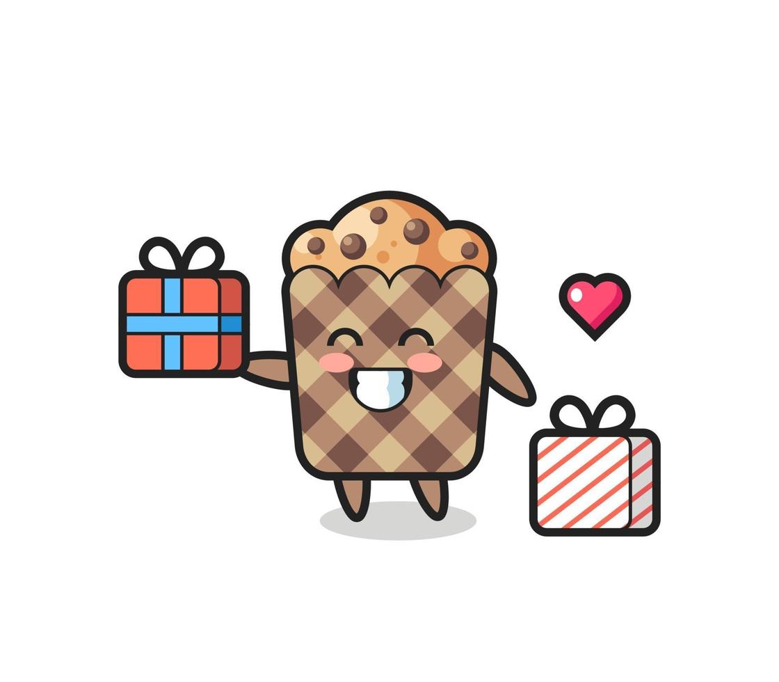dibujos animados de la mascota de muffin dando el regalo vector