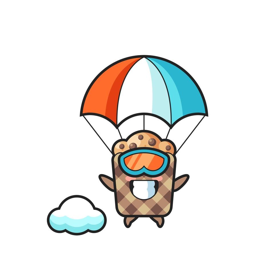 muffin mascot cartoon is skydiving with happy gesture vector