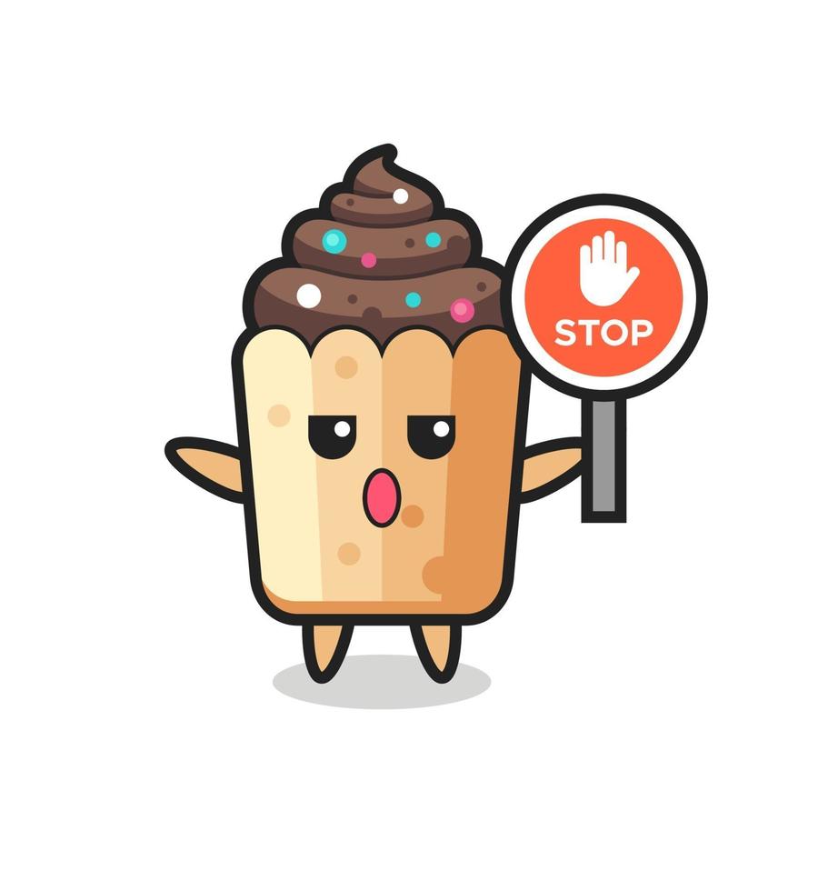 cupcake character illustration holding a stop sign vector