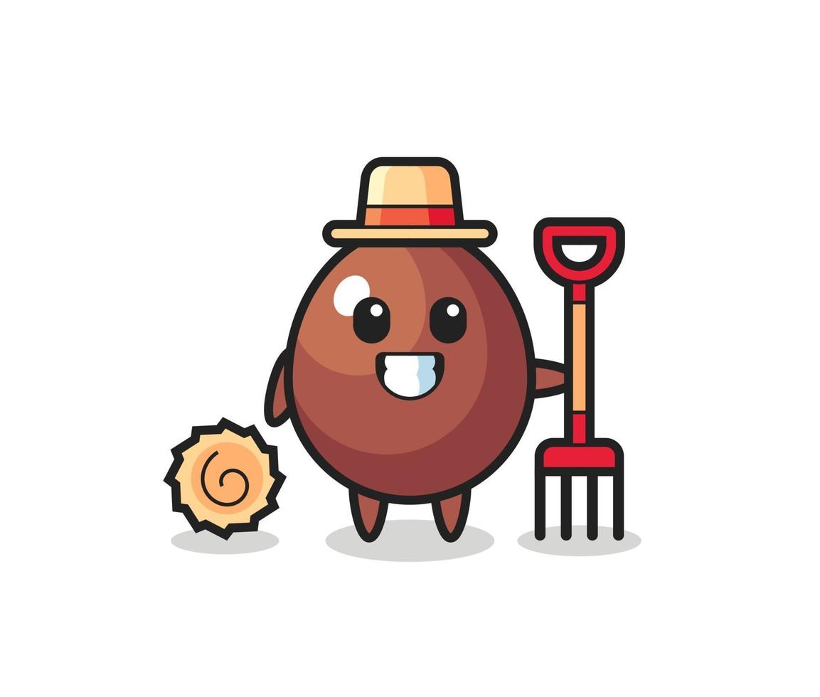 personaje mascota del huevo de chocolate como agricultor vector