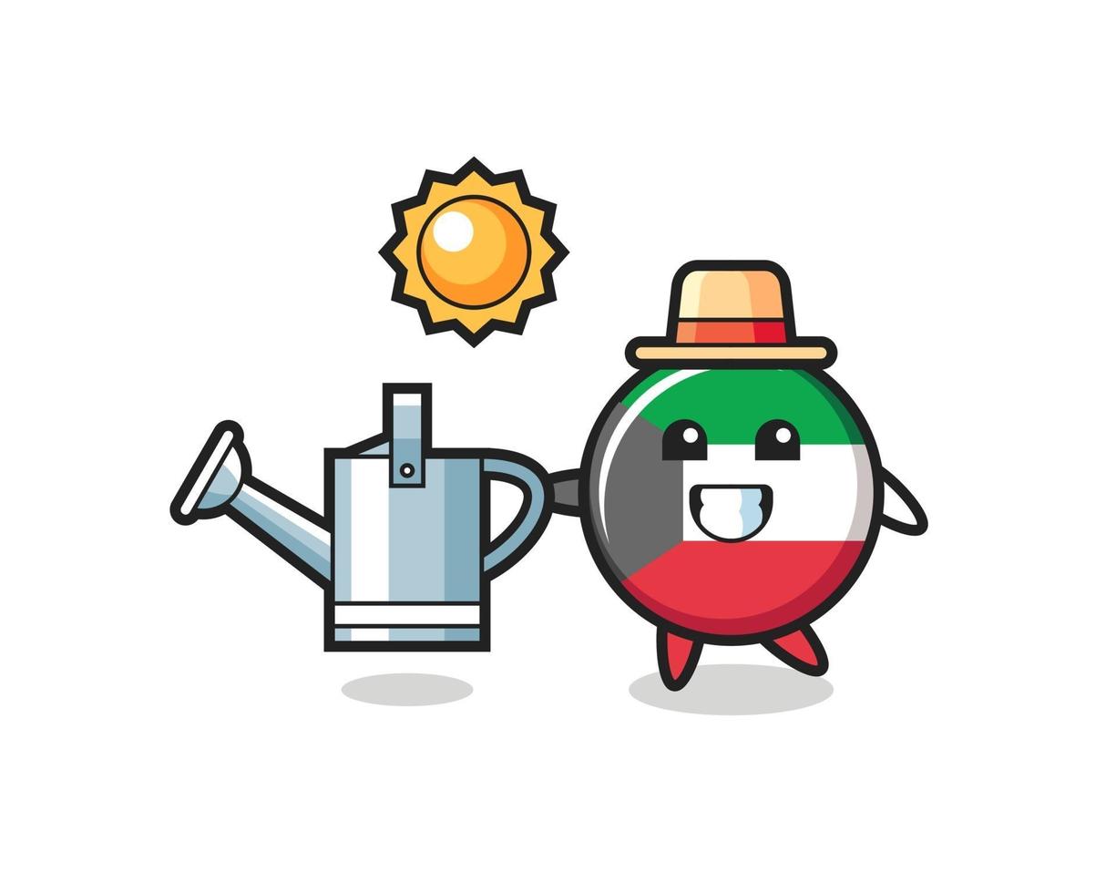 Cartoon character of kuwait flag badge holding watering can vector