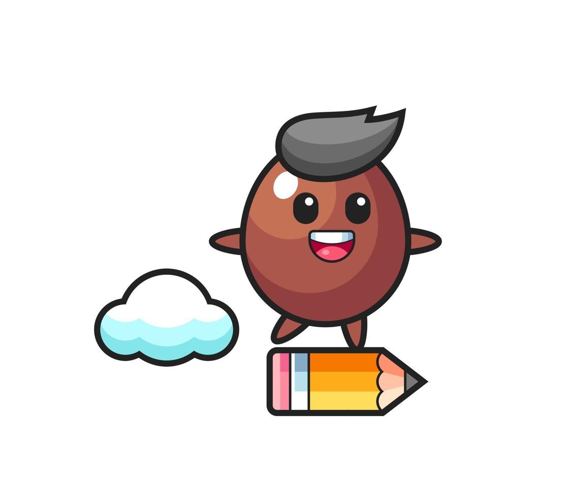 chocolate egg mascot illustration riding on a giant pencil vector