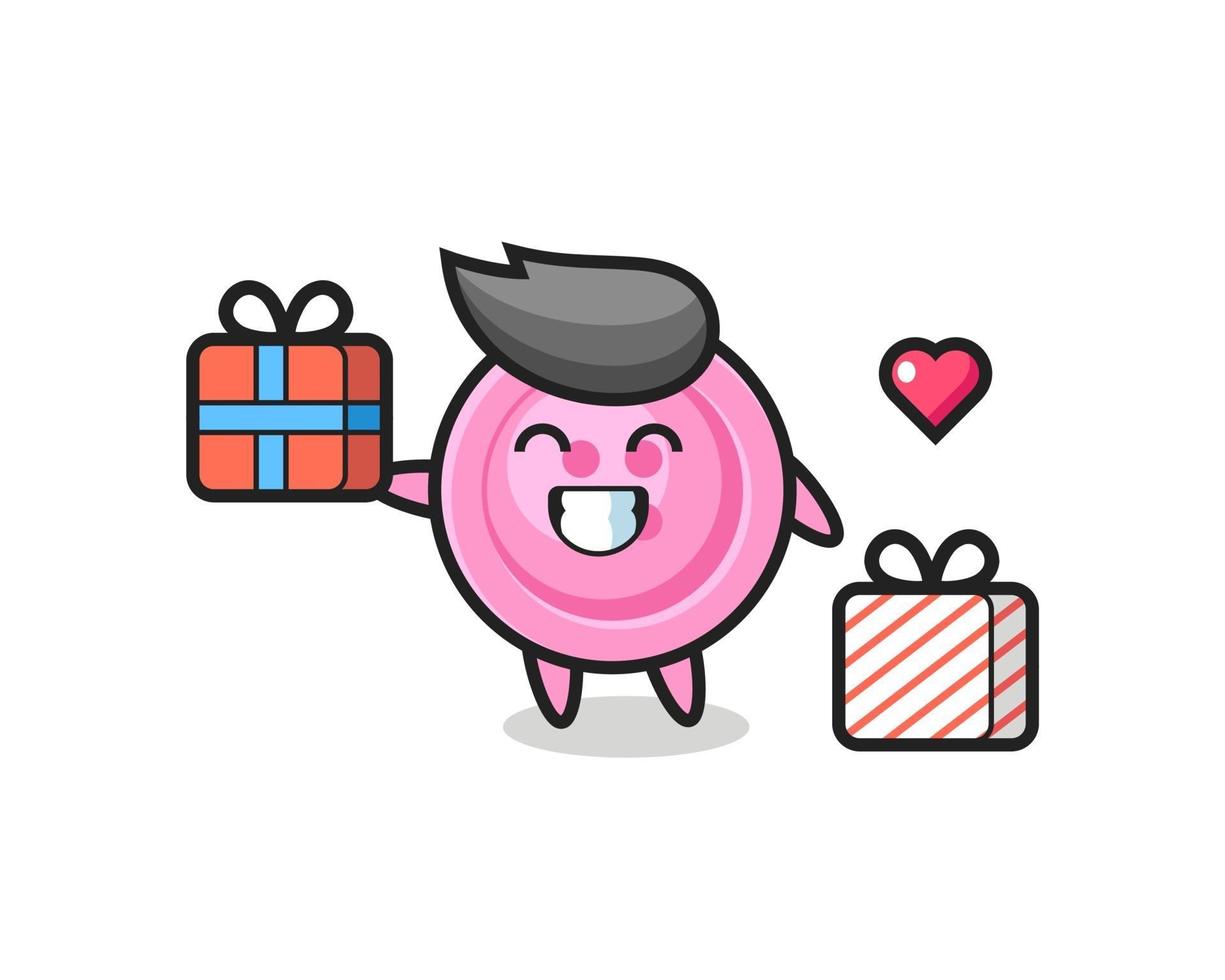 clothing button mascot cartoon giving the gift vector