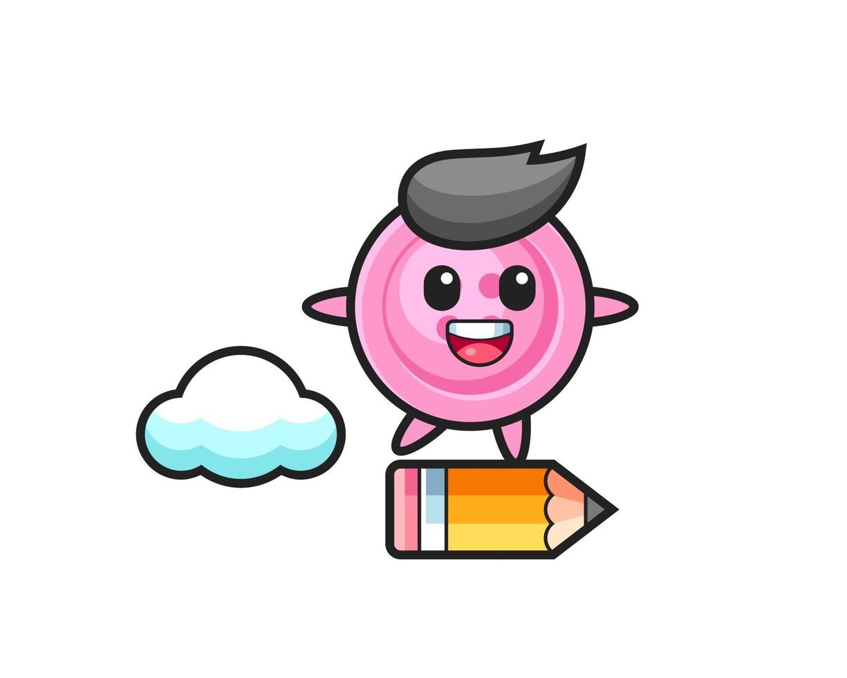 clothing button mascot illustration riding on a giant pencil vector