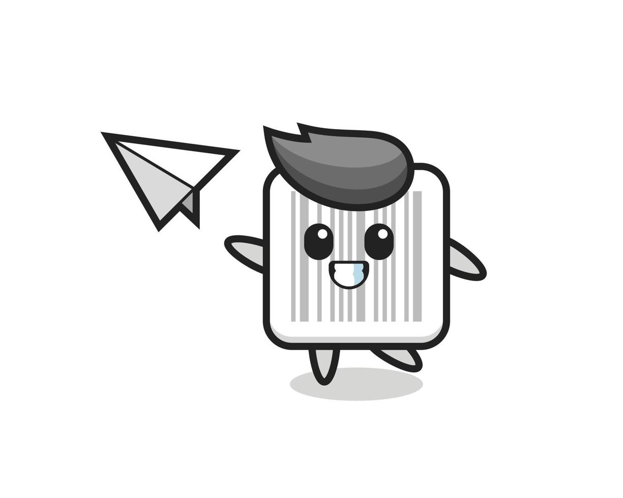 personaje de dibujos animados de código de barras lanzando avión de papel vector