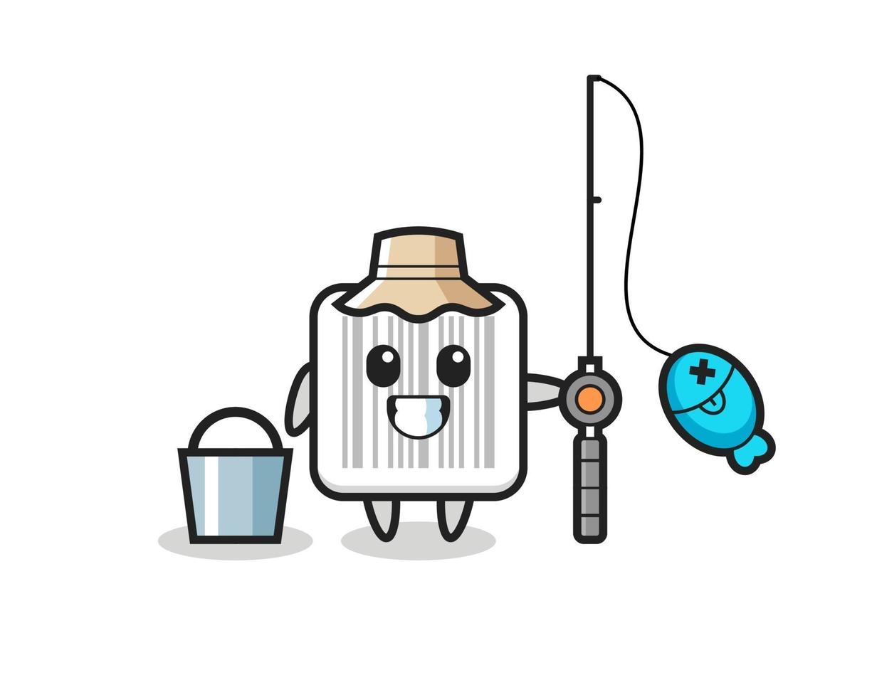 Personaje de mascota de código de barras como pescador. vector