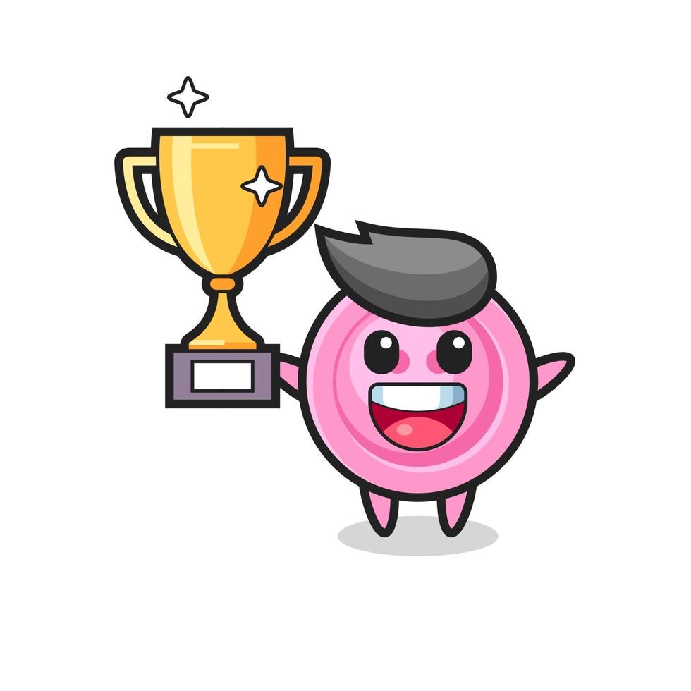 Illustration of clothing button is happy holding up the golden trophy vector