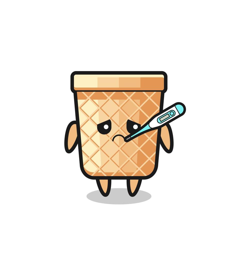 Personaje de mascota de cono de waffle con condición de fiebre. vector