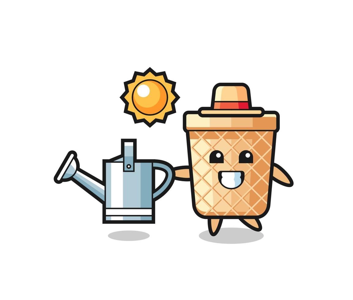 Cartoon character of waffle cone holding watering can vector