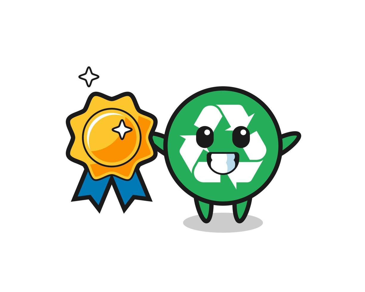 recycling mascot illustration holding a golden badge vector