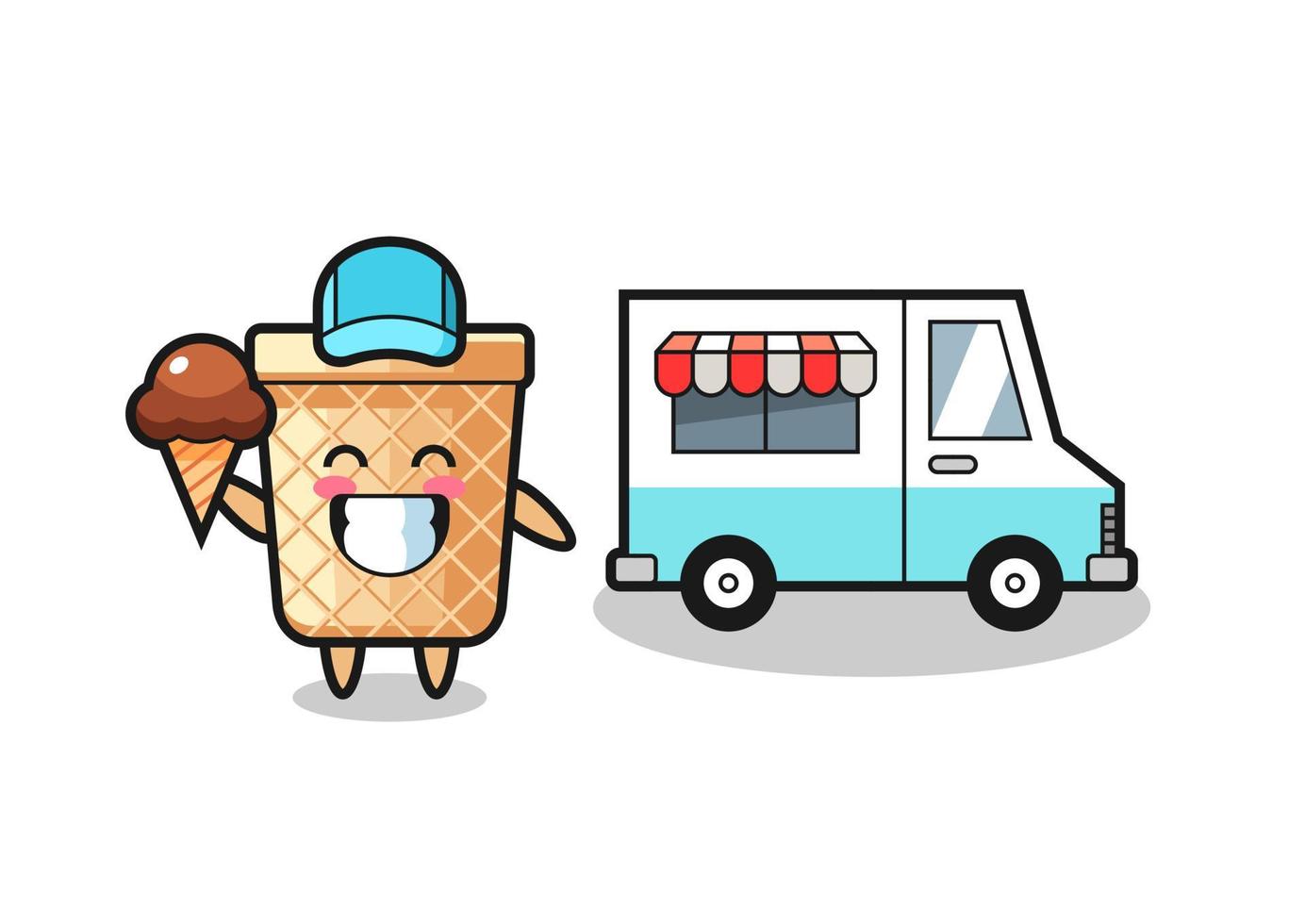 caricatura de mascota de cono de galleta con camión de helados vector