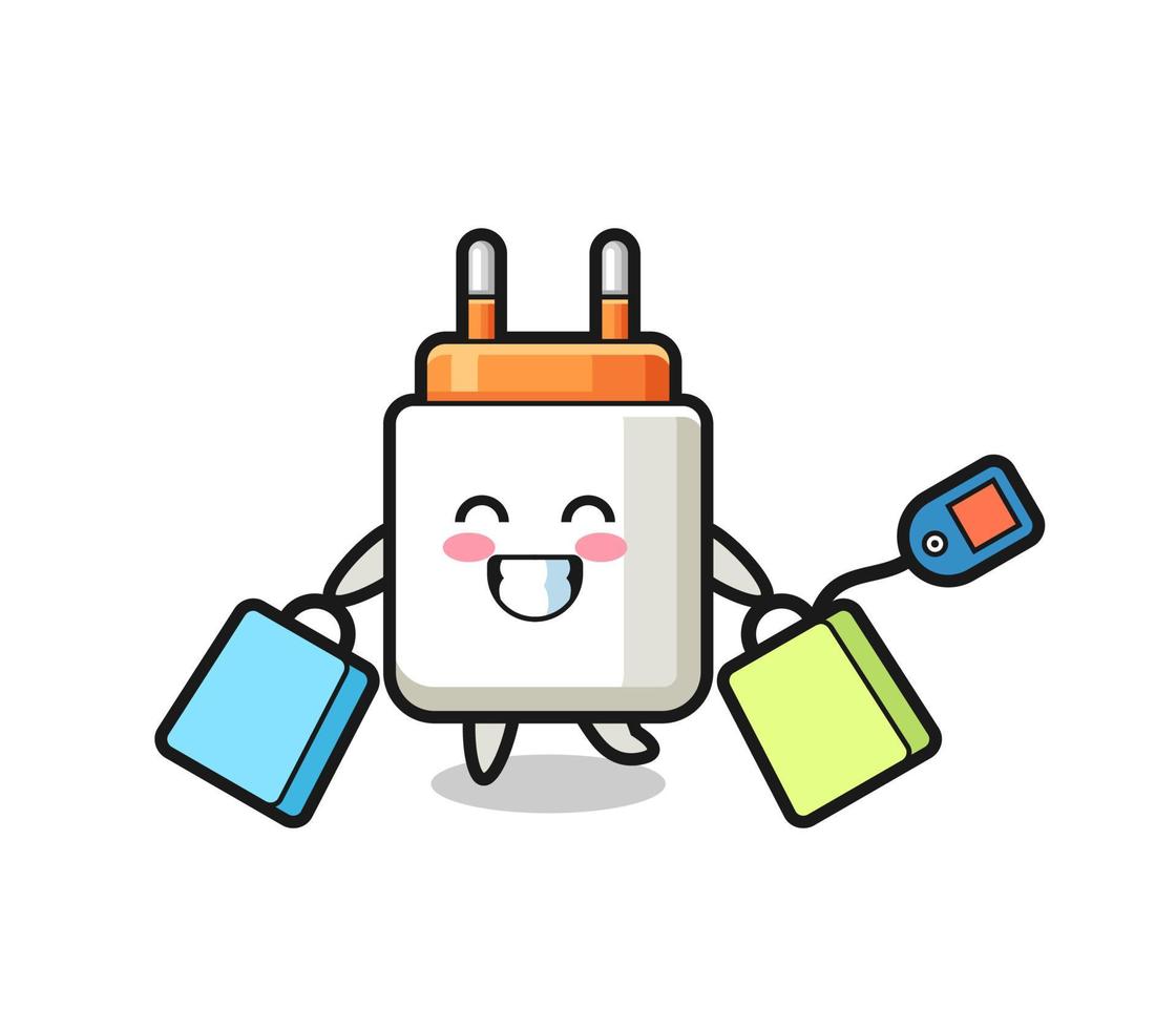 power adapter mascot cartoon holding a shopping bag vector