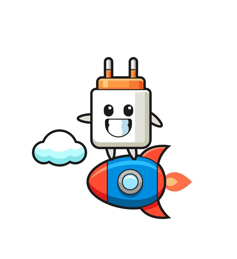 power adapter mascot character riding a rocket vector