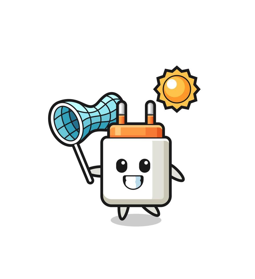 power adapter mascot illustration is catching butterfly vector
