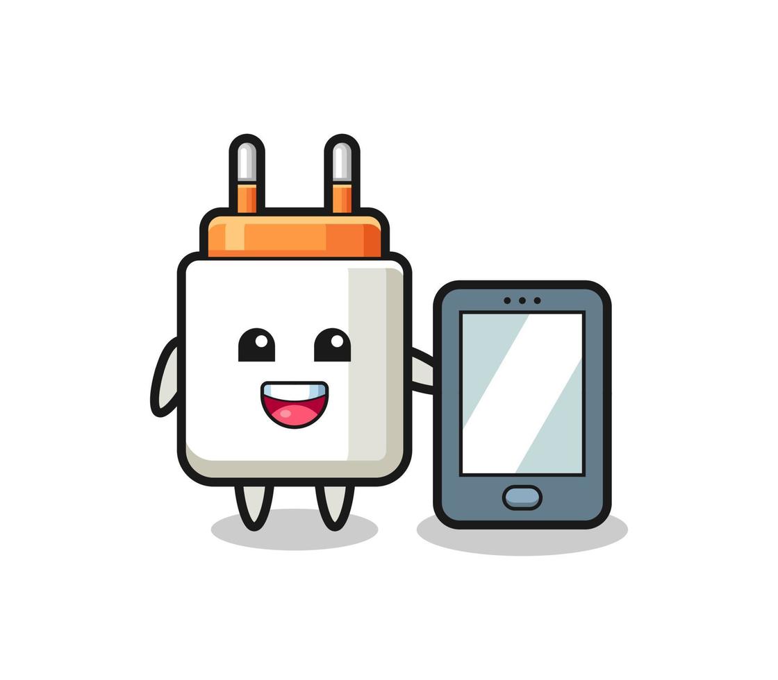 Caricatura de ilustración de adaptador de corriente sosteniendo un teléfono inteligente vector
