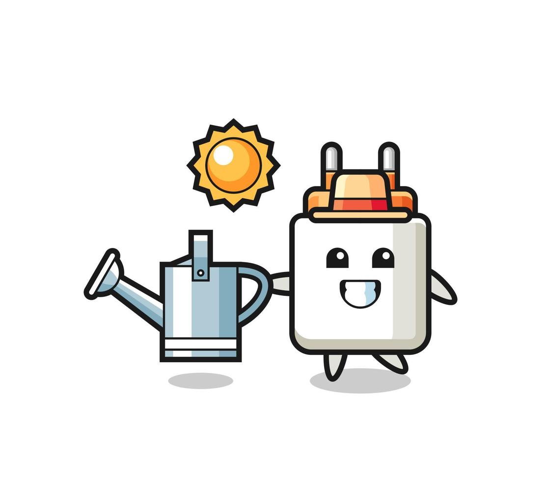 Cartoon character of power adapter holding watering can vector